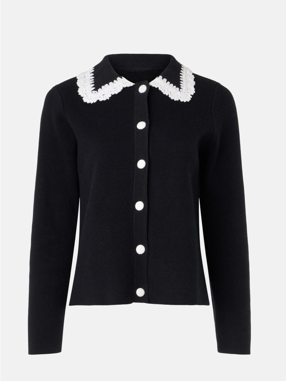CeCe Black Cardigan with White Crochet Trim